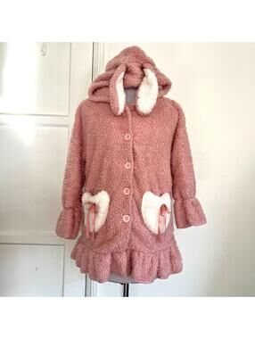 Kawaii Pink Bunny Hoodie Sherpa Fleece Jacket Heart Pockets Lolita Jfashion M